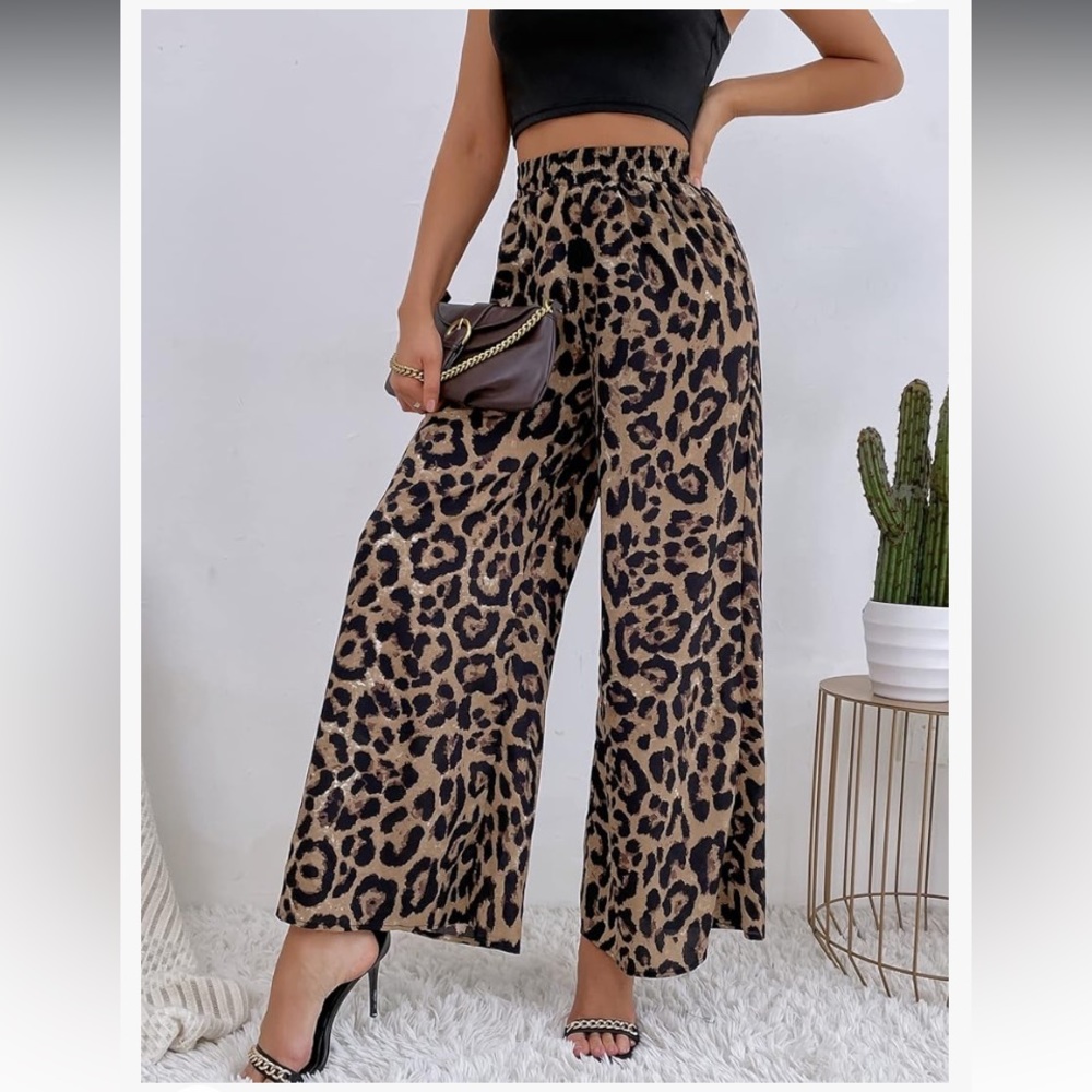 European designer women’s leopard print elastic high waist wide pants sz S/M